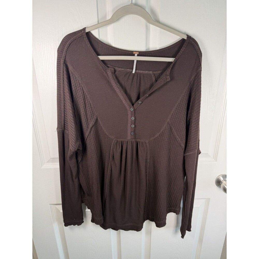Free People Small Leo Henley Waffle Flow Tunic Brown Y2K Babydoll